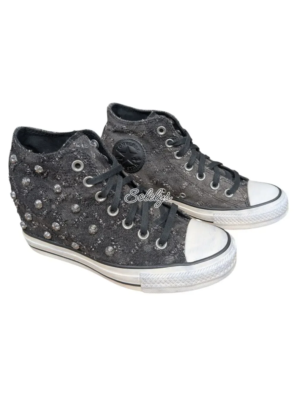 Converse 2015 RARE Lux Mid Hidden Wedge Lurex Star Stud Distressed Sneaker 7.5